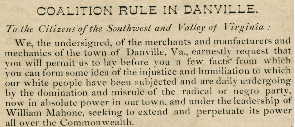 Clipping of the letter from a collective of merchants and manufacturers and mechanics to the town of Danville, Virginia, arguing that white people have been subjected to injustice and humiliation because of the 