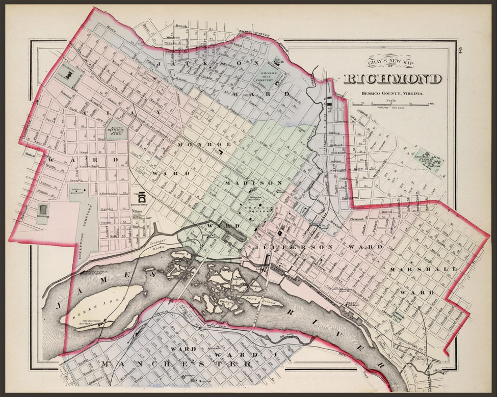 Map of Richmond, Virginia in 1876, divided by wards