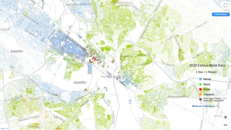 Map of Racial Segregation in Richmond, VA., 2010. Image Copyright, 2013. Racial Dot Map, Weldon Cooper Center for Public Service, University of Virginia (Dustin A. Cable, creator)