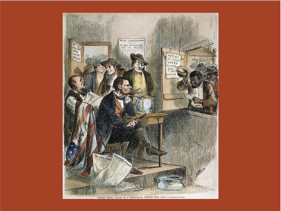 Political cartoon from the Southern Papers depicting Black citizens being blocked from entering polling office while white citizens easily enter and submit their vote