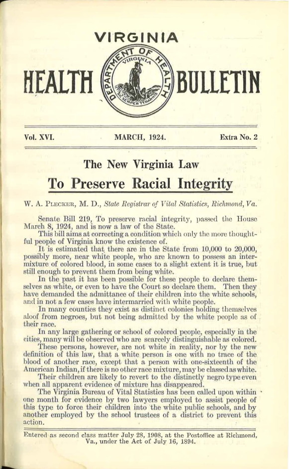 Virginia Health Bulletin from 1924 with the headline 
